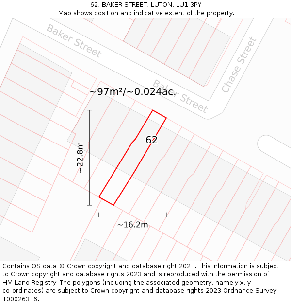 62, BAKER STREET, LUTON, LU1 3PY: Plot and title map
