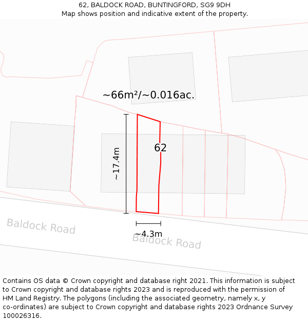 62, BALDOCK ROAD, BUNTINGFORD, SG9 9DH: Plot and title map