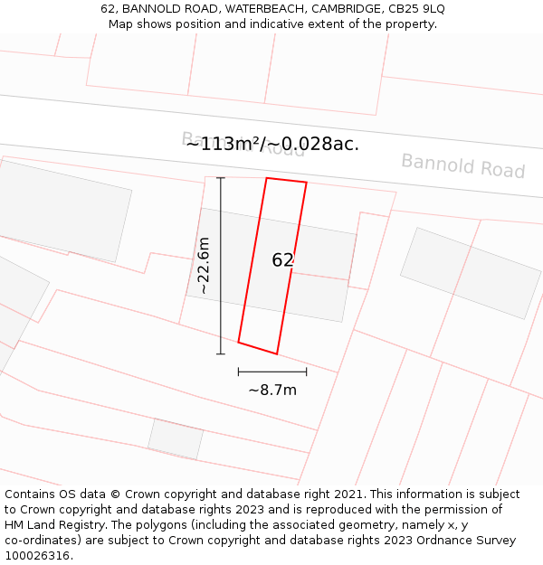 62, BANNOLD ROAD, WATERBEACH, CAMBRIDGE, CB25 9LQ: Plot and title map