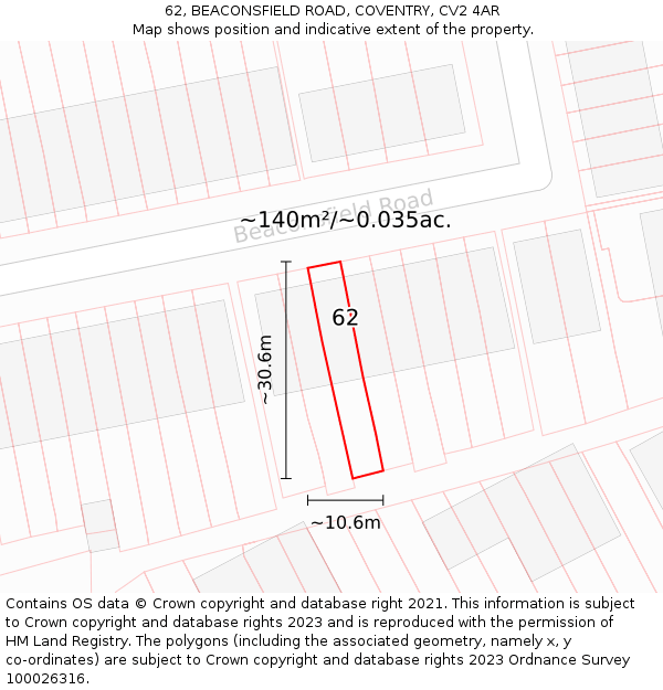 62, BEACONSFIELD ROAD, COVENTRY, CV2 4AR: Plot and title map