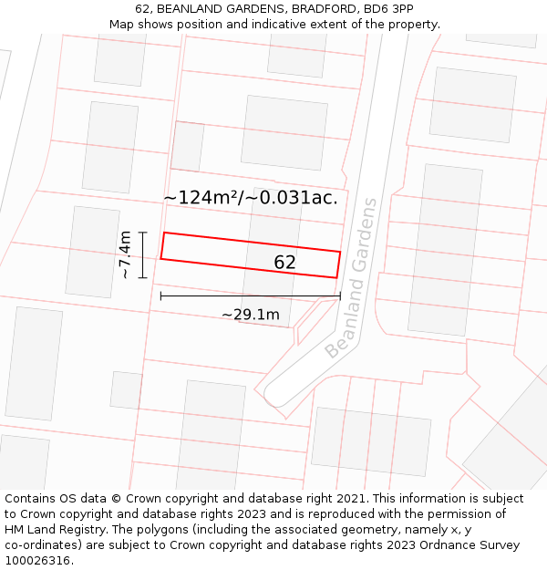 62, BEANLAND GARDENS, BRADFORD, BD6 3PP: Plot and title map