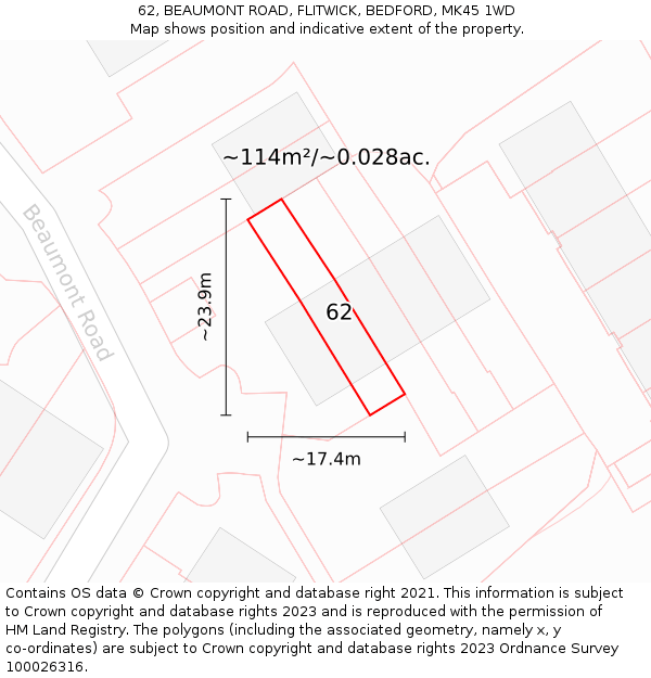62, BEAUMONT ROAD, FLITWICK, BEDFORD, MK45 1WD: Plot and title map