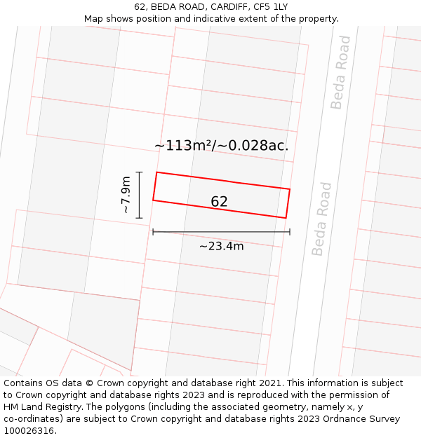 62, BEDA ROAD, CARDIFF, CF5 1LY: Plot and title map