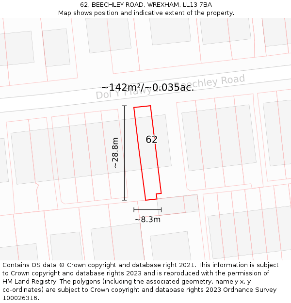 62, BEECHLEY ROAD, WREXHAM, LL13 7BA: Plot and title map