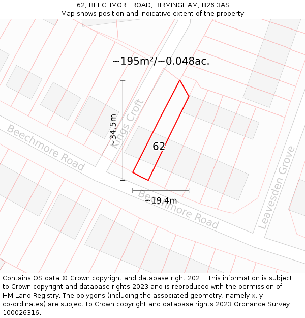 62, BEECHMORE ROAD, BIRMINGHAM, B26 3AS: Plot and title map