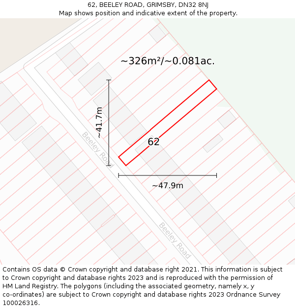 62, BEELEY ROAD, GRIMSBY, DN32 8NJ: Plot and title map