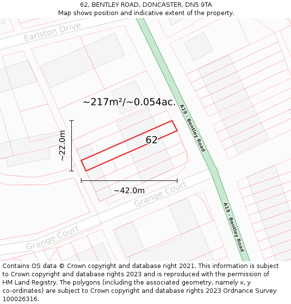 62, BENTLEY ROAD, DONCASTER, DN5 9TA: Plot and title map