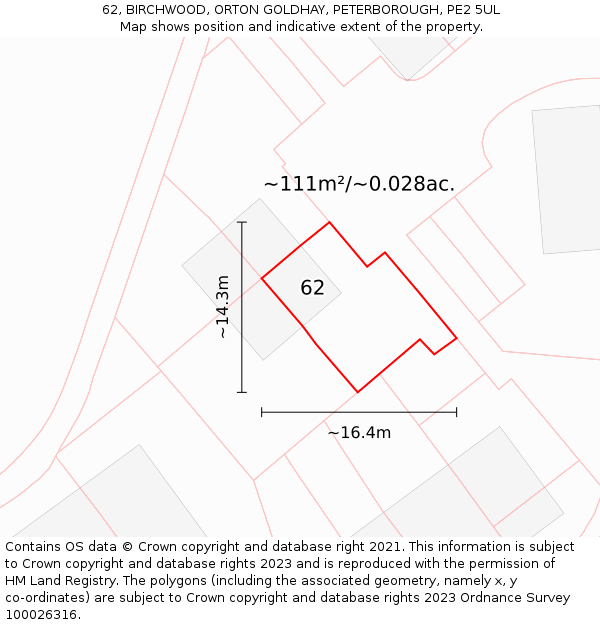 62, BIRCHWOOD, ORTON GOLDHAY, PETERBOROUGH, PE2 5UL: Plot and title map