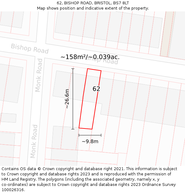 62, BISHOP ROAD, BRISTOL, BS7 8LT: Plot and title map