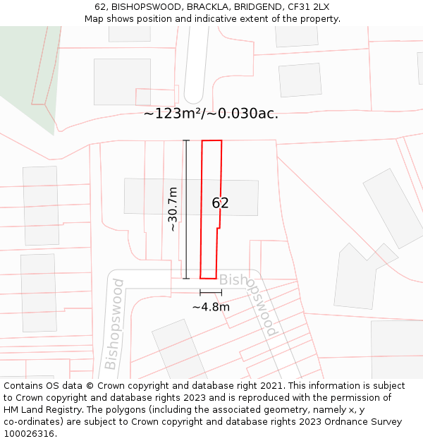 62, BISHOPSWOOD, BRACKLA, BRIDGEND, CF31 2LX: Plot and title map
