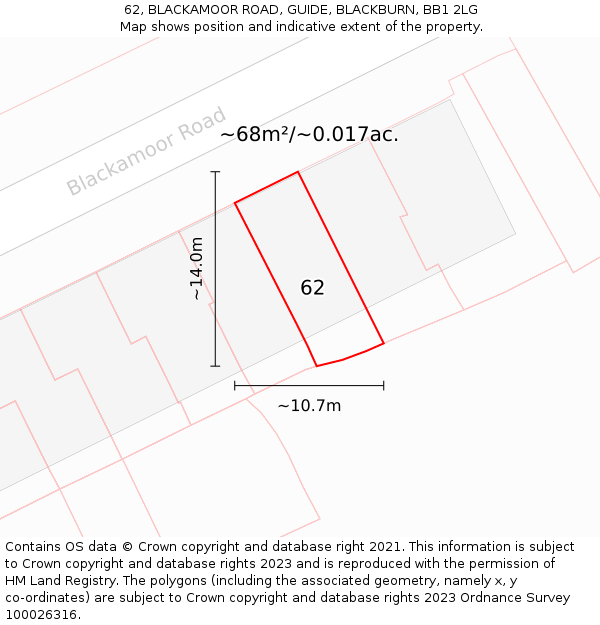 62, BLACKAMOOR ROAD, GUIDE, BLACKBURN, BB1 2LG: Plot and title map