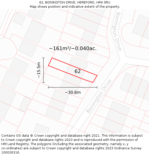 62, BONINGTON DRIVE, HEREFORD, HR4 0RU: Plot and title map