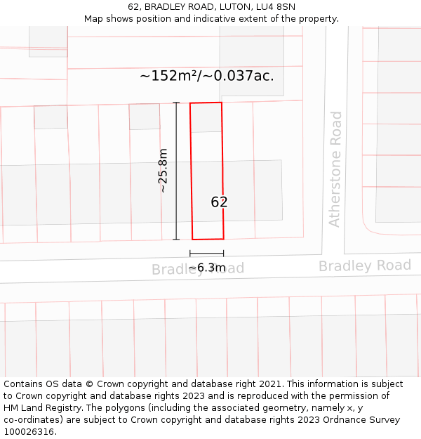 62, BRADLEY ROAD, LUTON, LU4 8SN: Plot and title map