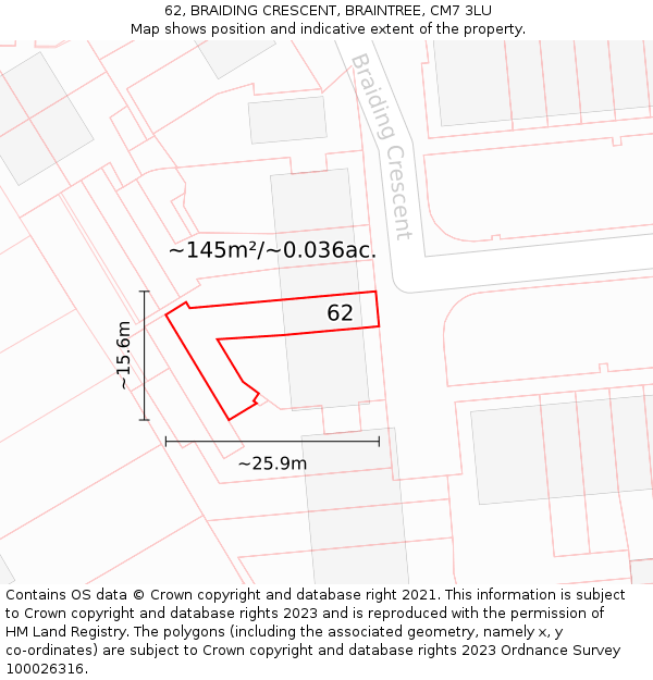 62, BRAIDING CRESCENT, BRAINTREE, CM7 3LU: Plot and title map