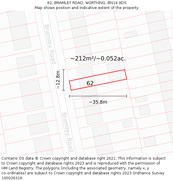 62, BRAMLEY ROAD, WORTHING, BN14 9DS: Plot and title map