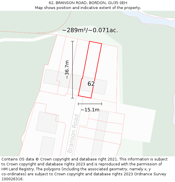 62, BRANSON ROAD, BORDON, GU35 0EH: Plot and title map