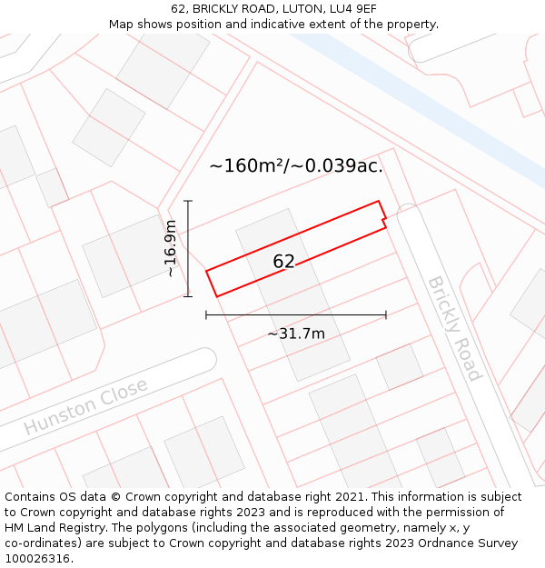 62, BRICKLY ROAD, LUTON, LU4 9EF: Plot and title map