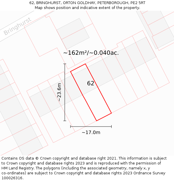 62, BRINGHURST, ORTON GOLDHAY, PETERBOROUGH, PE2 5RT: Plot and title map