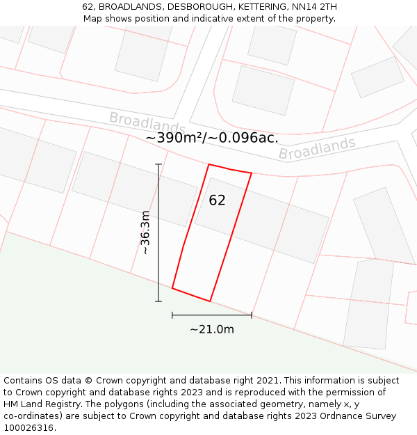 62, BROADLANDS, DESBOROUGH, KETTERING, NN14 2TH: Plot and title map