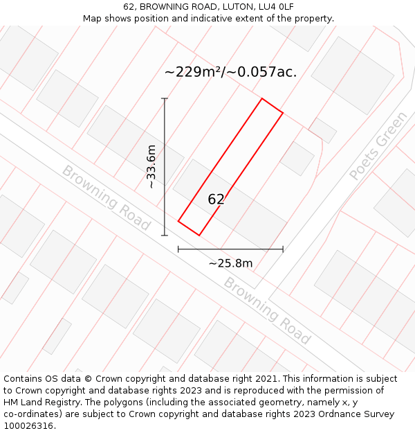 62, BROWNING ROAD, LUTON, LU4 0LF: Plot and title map