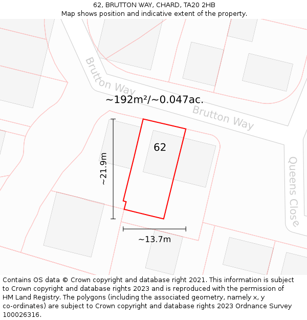 62, BRUTTON WAY, CHARD, TA20 2HB: Plot and title map