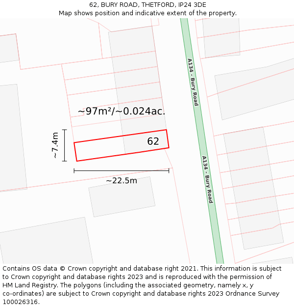62, BURY ROAD, THETFORD, IP24 3DE: Plot and title map
