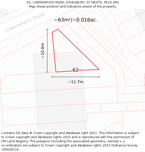 62, CAERNARVON ROAD, EYNESBURY, ST NEOTS, PE19 2RN: Plot and title map