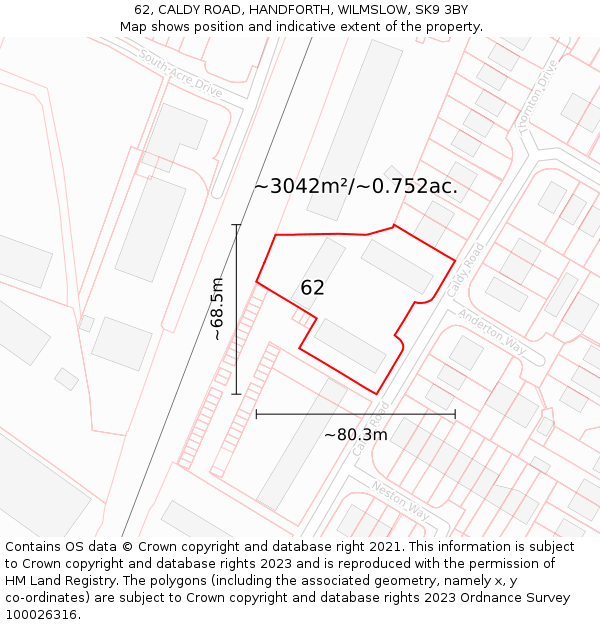 62, CALDY ROAD, HANDFORTH, WILMSLOW, SK9 3BY: Plot and title map
