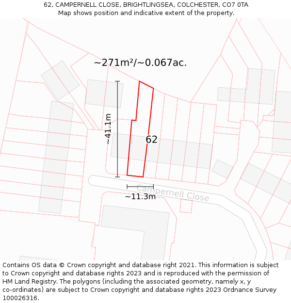 62, CAMPERNELL CLOSE, BRIGHTLINGSEA, COLCHESTER, CO7 0TA: Plot and title map