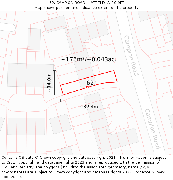 62, CAMPION ROAD, HATFIELD, AL10 9FT: Plot and title map