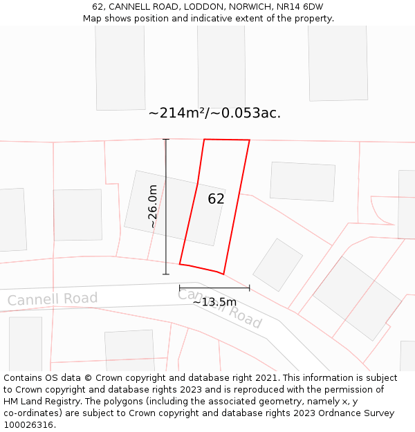 62, CANNELL ROAD, LODDON, NORWICH, NR14 6DW: Plot and title map