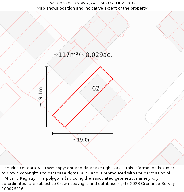 62, CARNATION WAY, AYLESBURY, HP21 8TU: Plot and title map