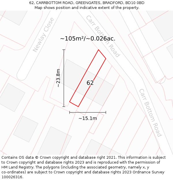 62, CARRBOTTOM ROAD, GREENGATES, BRADFORD, BD10 0BD: Plot and title map