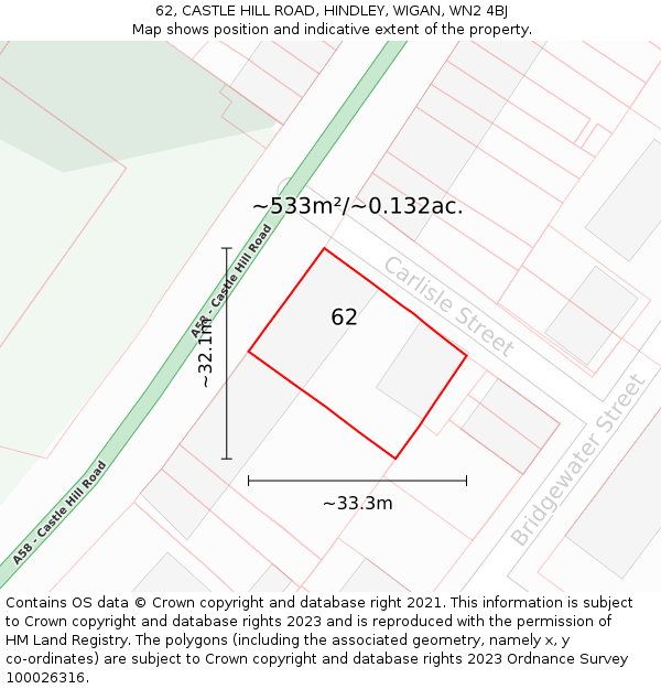 62, CASTLE HILL ROAD, HINDLEY, WIGAN, WN2 4BJ: Plot and title map