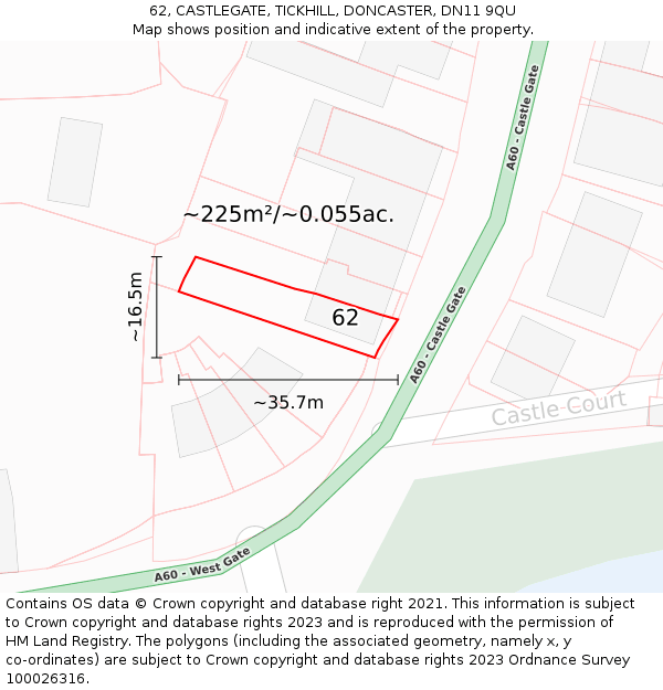 62, CASTLEGATE, TICKHILL, DONCASTER, DN11 9QU: Plot and title map