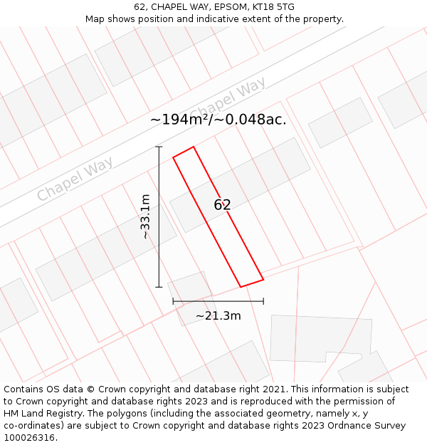 62, CHAPEL WAY, EPSOM, KT18 5TG: Plot and title map