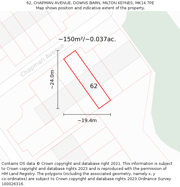 62, CHAPMAN AVENUE, DOWNS BARN, MILTON KEYNES, MK14 7PE: Plot and title map