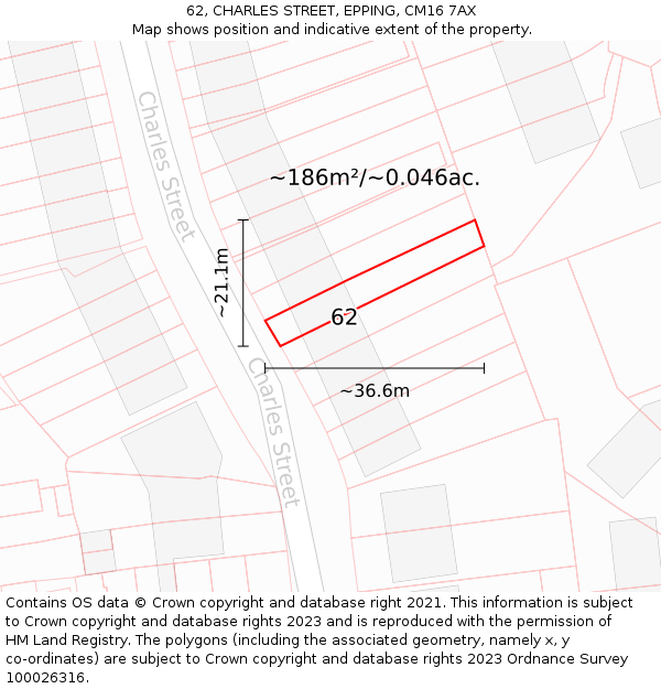 62, CHARLES STREET, EPPING, CM16 7AX: Plot and title map