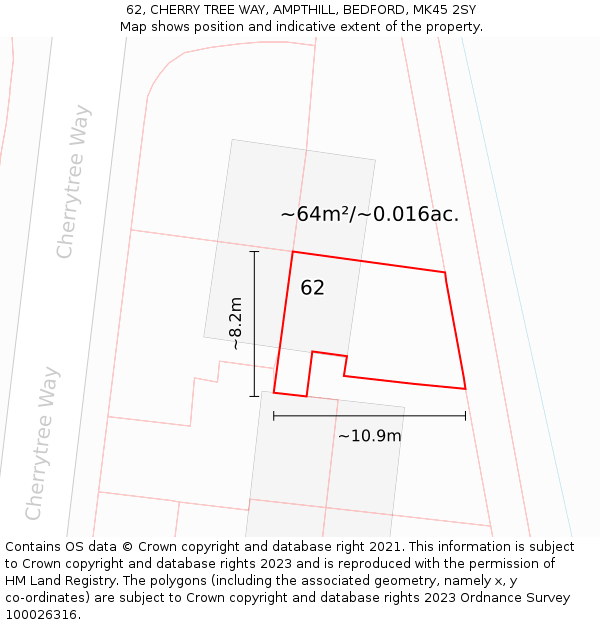 62, CHERRY TREE WAY, AMPTHILL, BEDFORD, MK45 2SY: Plot and title map
