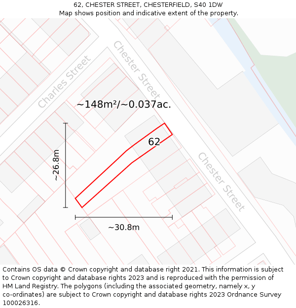 62, CHESTER STREET, CHESTERFIELD, S40 1DW: Plot and title map