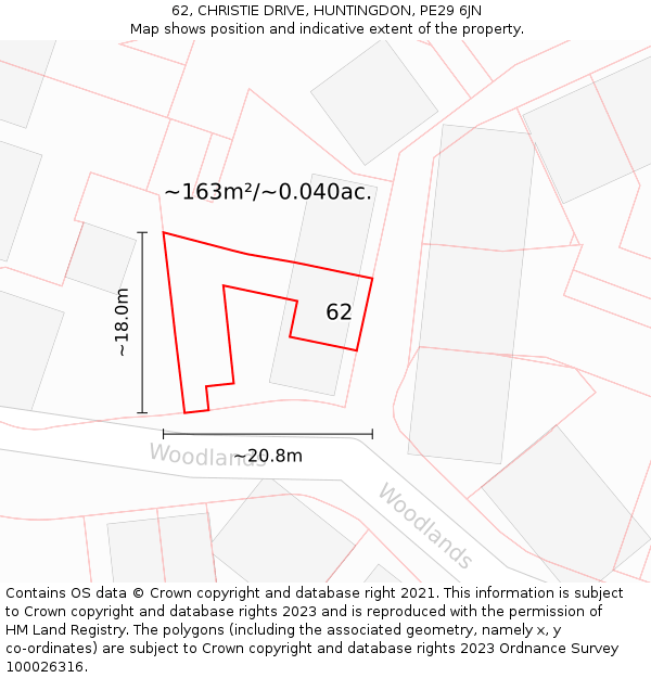 62, CHRISTIE DRIVE, HUNTINGDON, PE29 6JN: Plot and title map