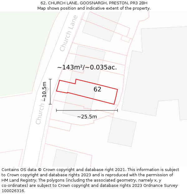 62, CHURCH LANE, GOOSNARGH, PRESTON, PR3 2BH: Plot and title map
