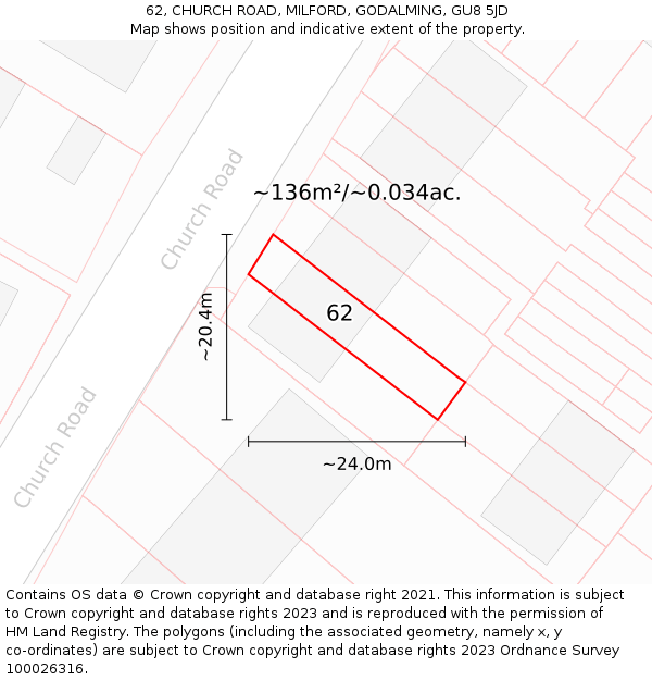 62, CHURCH ROAD, MILFORD, GODALMING, GU8 5JD: Plot and title map