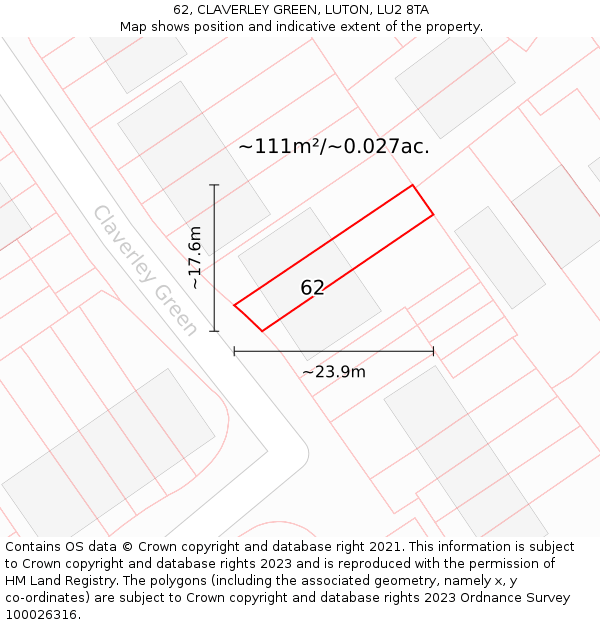 62, CLAVERLEY GREEN, LUTON, LU2 8TA: Plot and title map