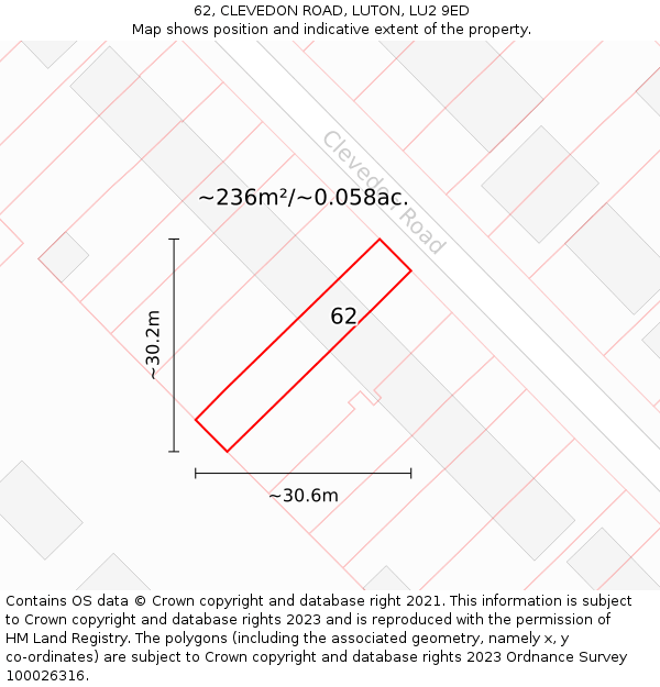 62, CLEVEDON ROAD, LUTON, LU2 9ED: Plot and title map