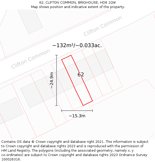 62, CLIFTON COMMON, BRIGHOUSE, HD6 1QW: Plot and title map