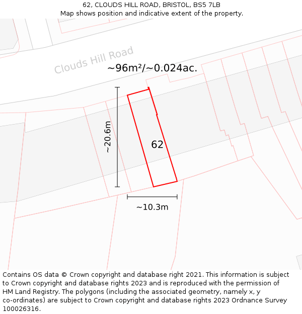62, CLOUDS HILL ROAD, BRISTOL, BS5 7LB: Plot and title map