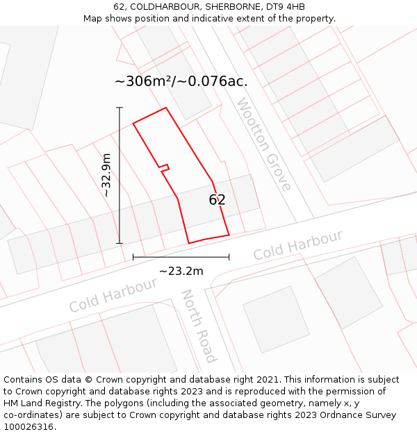 62, COLDHARBOUR, SHERBORNE, DT9 4HB: Plot and title map