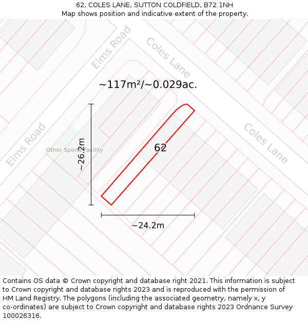 62, COLES LANE, SUTTON COLDFIELD, B72 1NH: Plot and title map