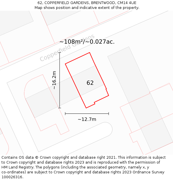 62, COPPERFIELD GARDENS, BRENTWOOD, CM14 4UE: Plot and title map